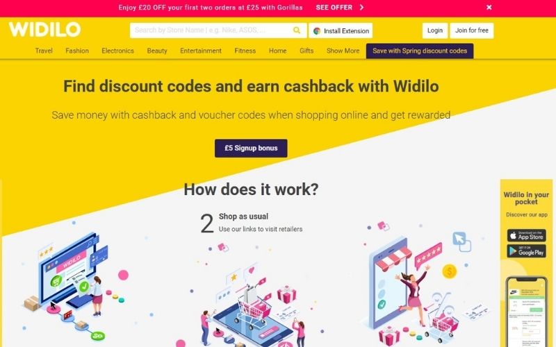 Image of Widilo Cashback app website with graphics overlays showing a pc, mobile phone and a store with yellow and white backgrounds