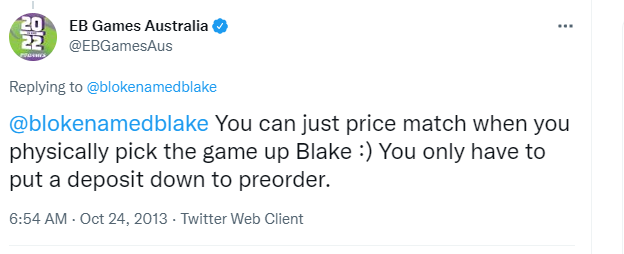 Tweet of EBgamesAUS describing a price match